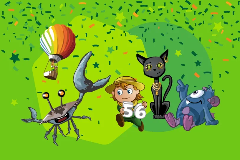 Reflex characters on a green background with...