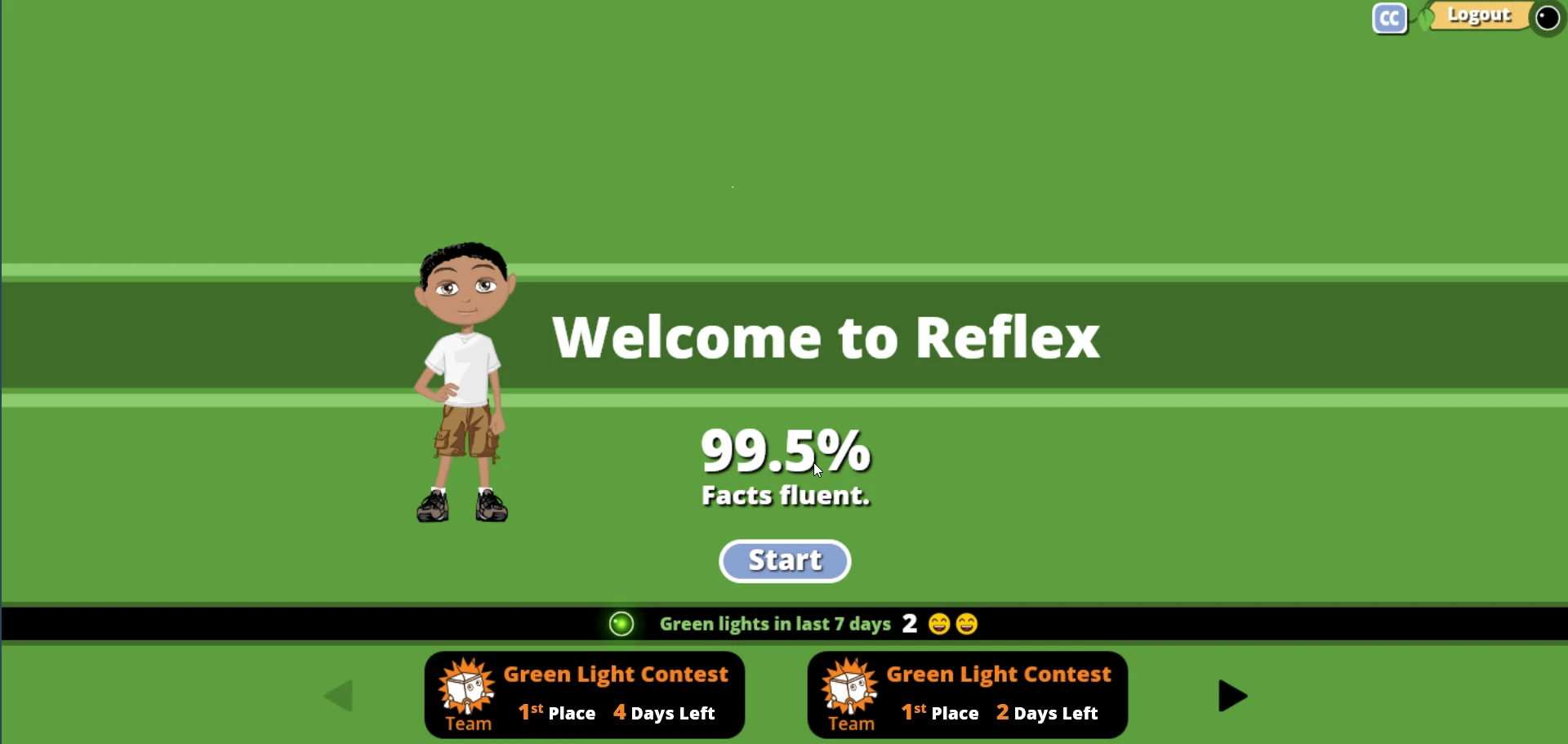 Reflex welcome screen showing a student avatar on a green background with the text 'Welcome to Reflex' and '99.5% Facts fluent,' a Start button, and Green Light contest status indicators.