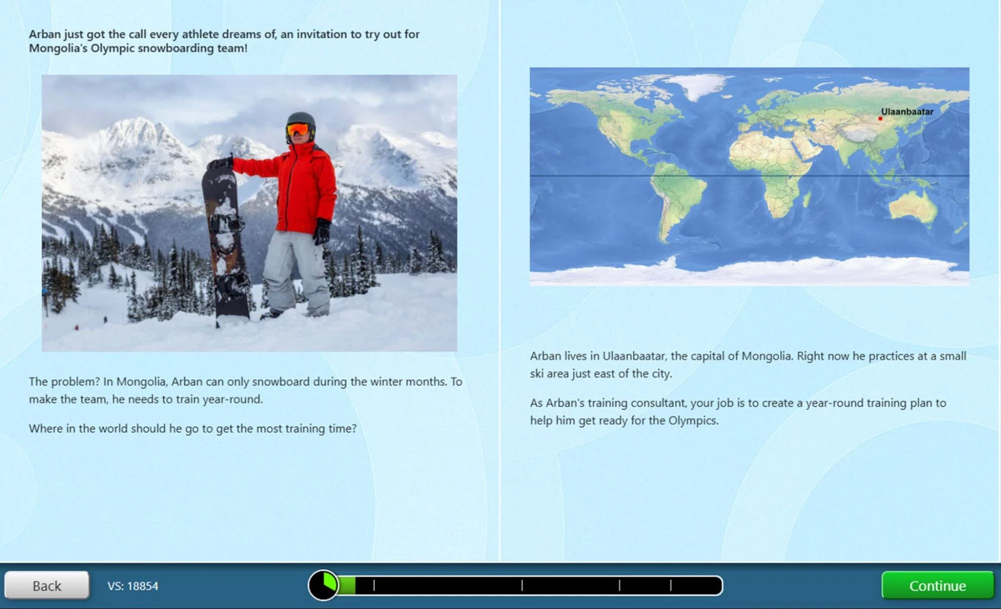Split-screen Gizmos Investigations introduction slide. On the left, a snowboarder stands holding a snowboard in a snowy mountain landscape, with text explaining that Arban has been invited to try out for Mongolia’s Olympic snowboarding team but can only snowboard during winter and needs year-round training. On the right, a world map highlights Ulaanbaatar, Mongolia, with text explaining that Arban lives and trains near the city and that the viewer’s task is to create a year-round training plan to help him prepare for the Olympics.