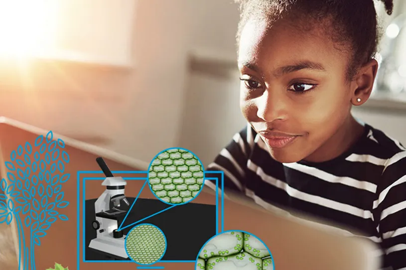 Student surrounded by images of science concepts
