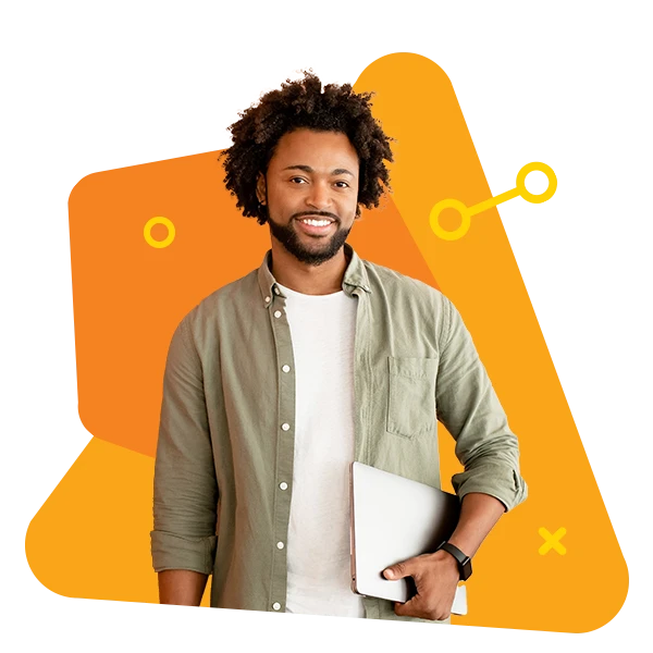 a picture of a teacher holding a laptop in front of orange shapes