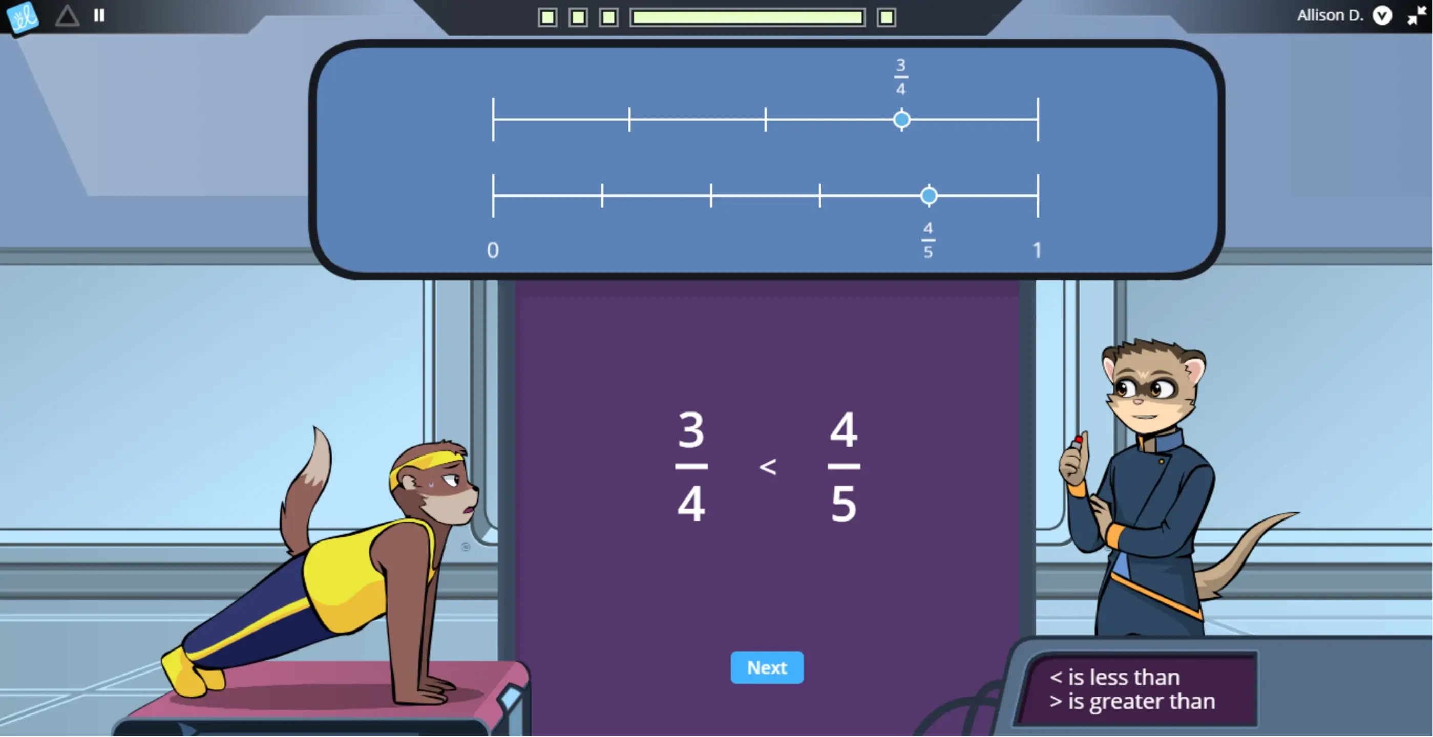 game play of ExploreLearning Frax showing value denominators