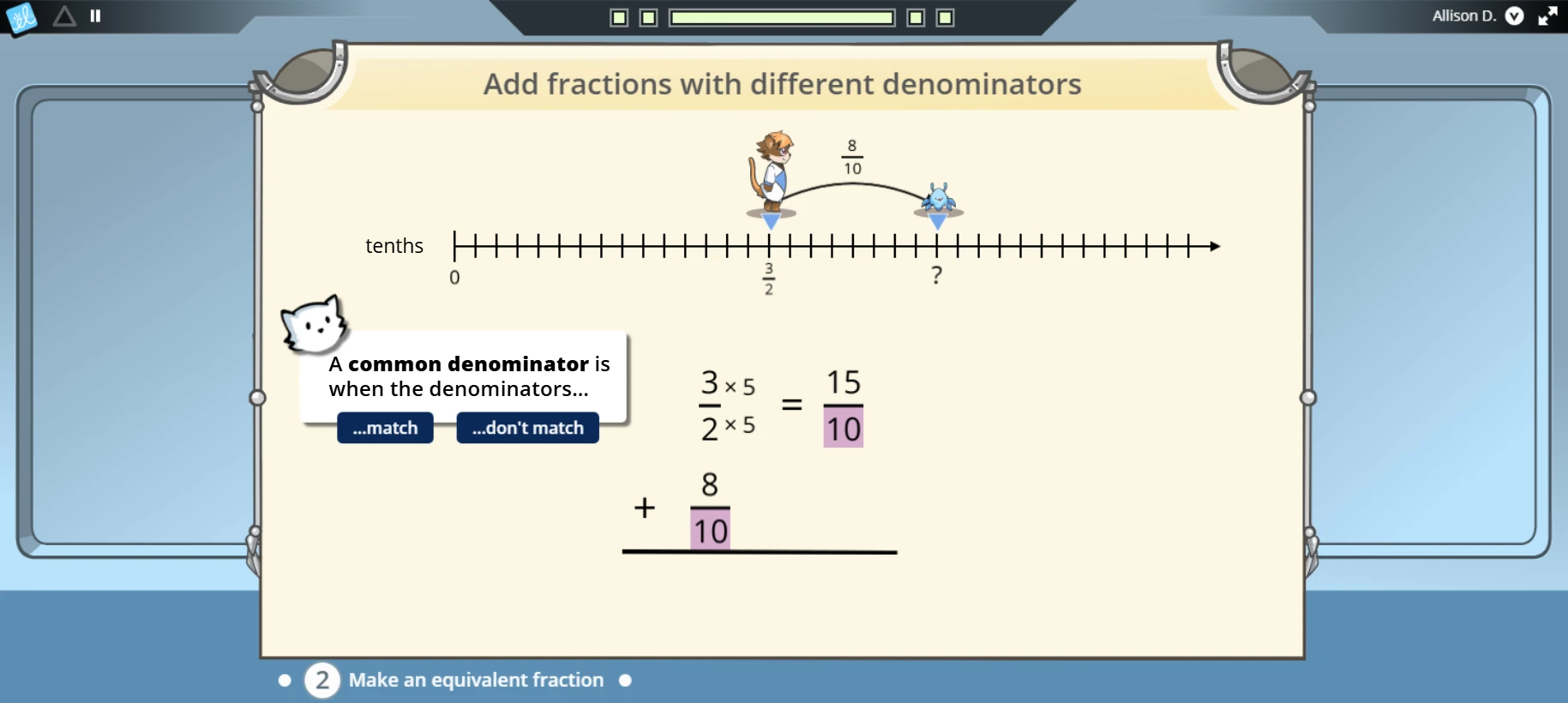 Students receive on-screen prompts as they add 3/2 and 8/10 using Frax. 