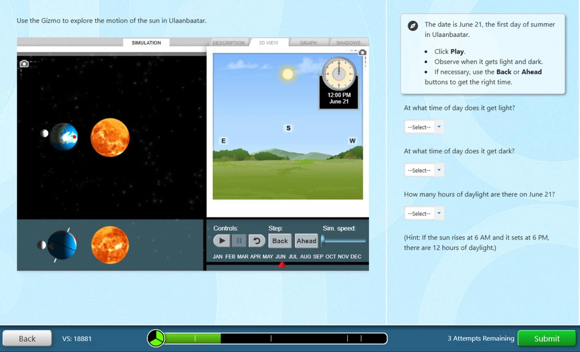 Screenshot from a Gizmo interactive simulation exploring the Sun’s motion in Ulaanbaatar on June 21. The screen shows a space view of Earth orbiting the Sun on the left, a ground-level sky view in the center with the Sun overhead and compass directions labeled east, south, and west, and a clock reading 12:00 PM, June 21. Controls along the bottom include play, step, speed, and month selection. On the right, instructions explain that June 21 is the first day of summer and ask students to observe when it gets light and dark and calculate total daylight hours.