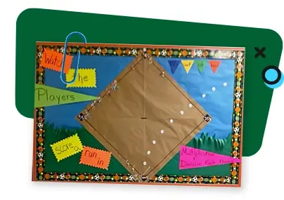 A bulletin board showing a baseball field with math facts. The board is surrounded by motivational banners.