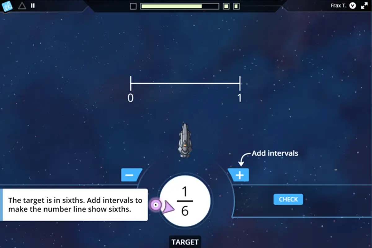 Screenshot of Frax gameplay showing a numberline, the student is asked to add intervals to show 1/6 on the number line