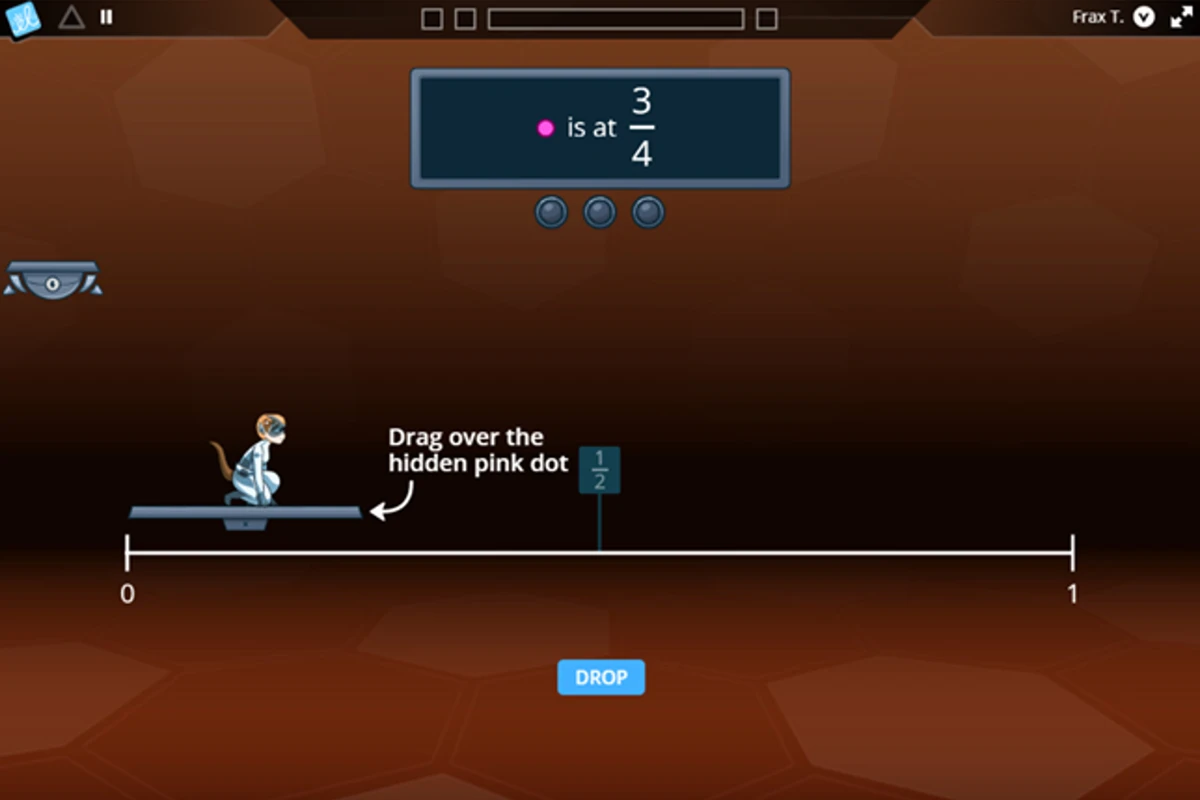 Screenshot of Frax gameplay showing a numberline, the student is asked place a marker on the number line that represents 3/4