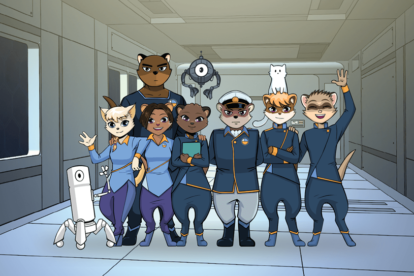 Frax characters standing in the hall of the ship