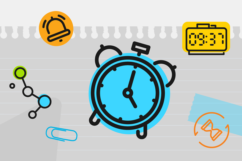 Graphic with a clock in the center and other...