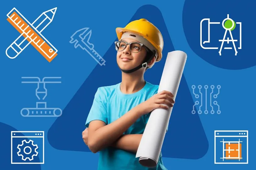 Boy holding blueprints and wearing a hardhat
