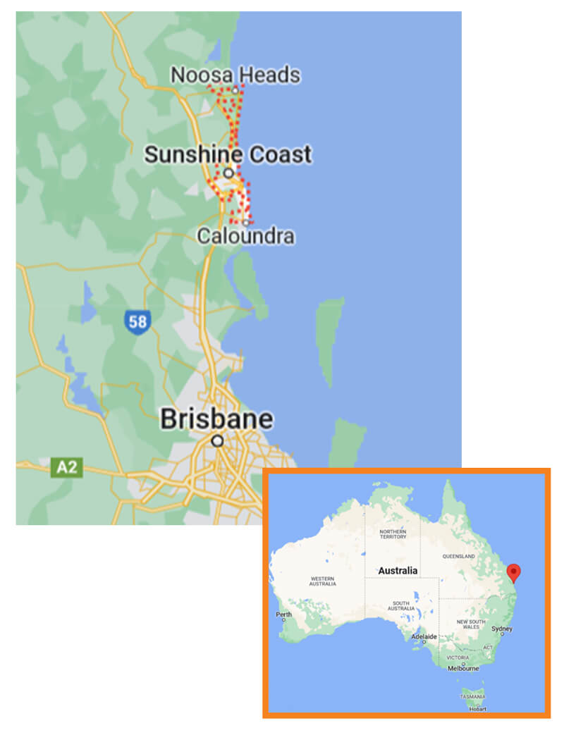 Two maps that show the continent of Australia and the location of the school on the Sunshine Coast.