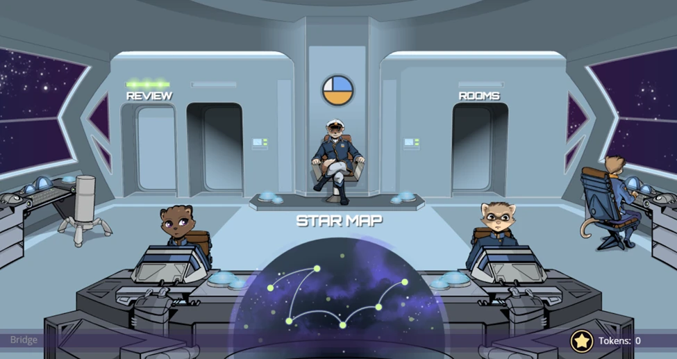 Illustrated Frax Bridge scene showing a central star map table, seated characters at control consoles, and two doors labeled “Review” and “Rooms,” indicating where Sector Review Rooms unlock after mission completion.