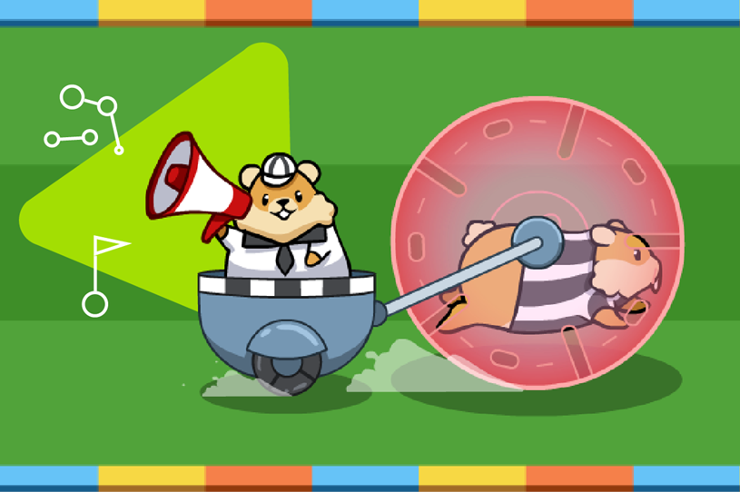 A cartoon animal joyfully rides on a large wheel,...