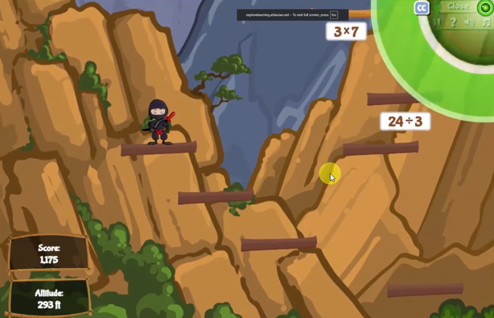 Gameplay screen from Reflex’s Ninja to the Stars game showing a ninja character standing on wooden platforms along a rocky canyon, with math problems such as multiplication and division displayed near platforms, a score and altitude indicator, and game interface controls.