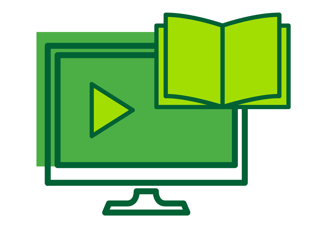 Graphic of a screen with a book and play button