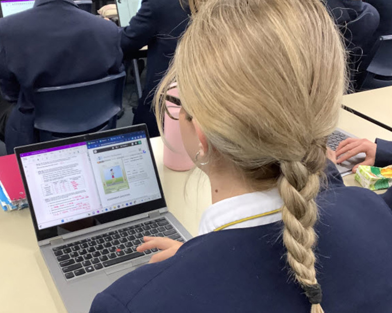 Female student using Gizmos on her laptop.