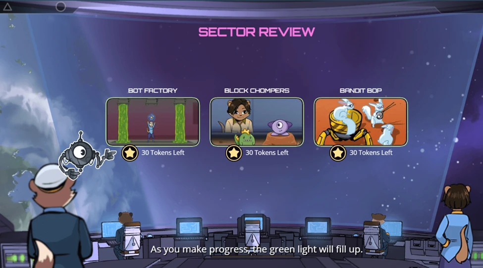 Frax Sector Review screen showing three review rooms—Bot Factory, Block Chompers, and Bandit Bop—each with remaining tokens, displayed on a spaceship bridge interface where students select adaptive fraction review activities after completing a sector.