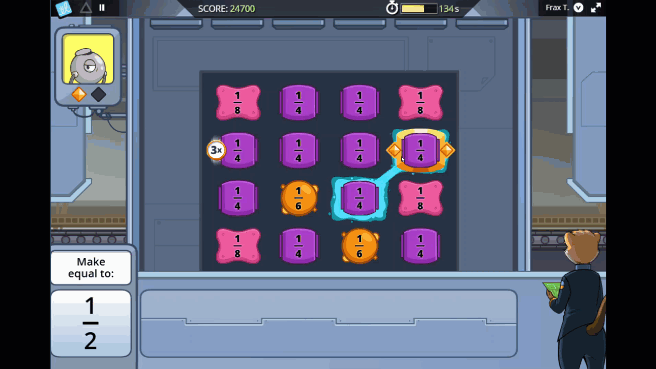 Arcade-style Frax Sector Review game screen showing a timed fraction-matching puzzle, where players combine fraction tiles like 1/4, 1/6, and 1/8 to make a target value, demonstrating hands-on fraction practice inside a Review Room.