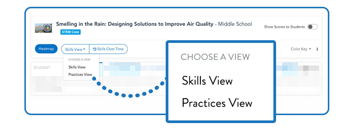 Teachers can toggle between Skills View and Practices View on the heatmap.