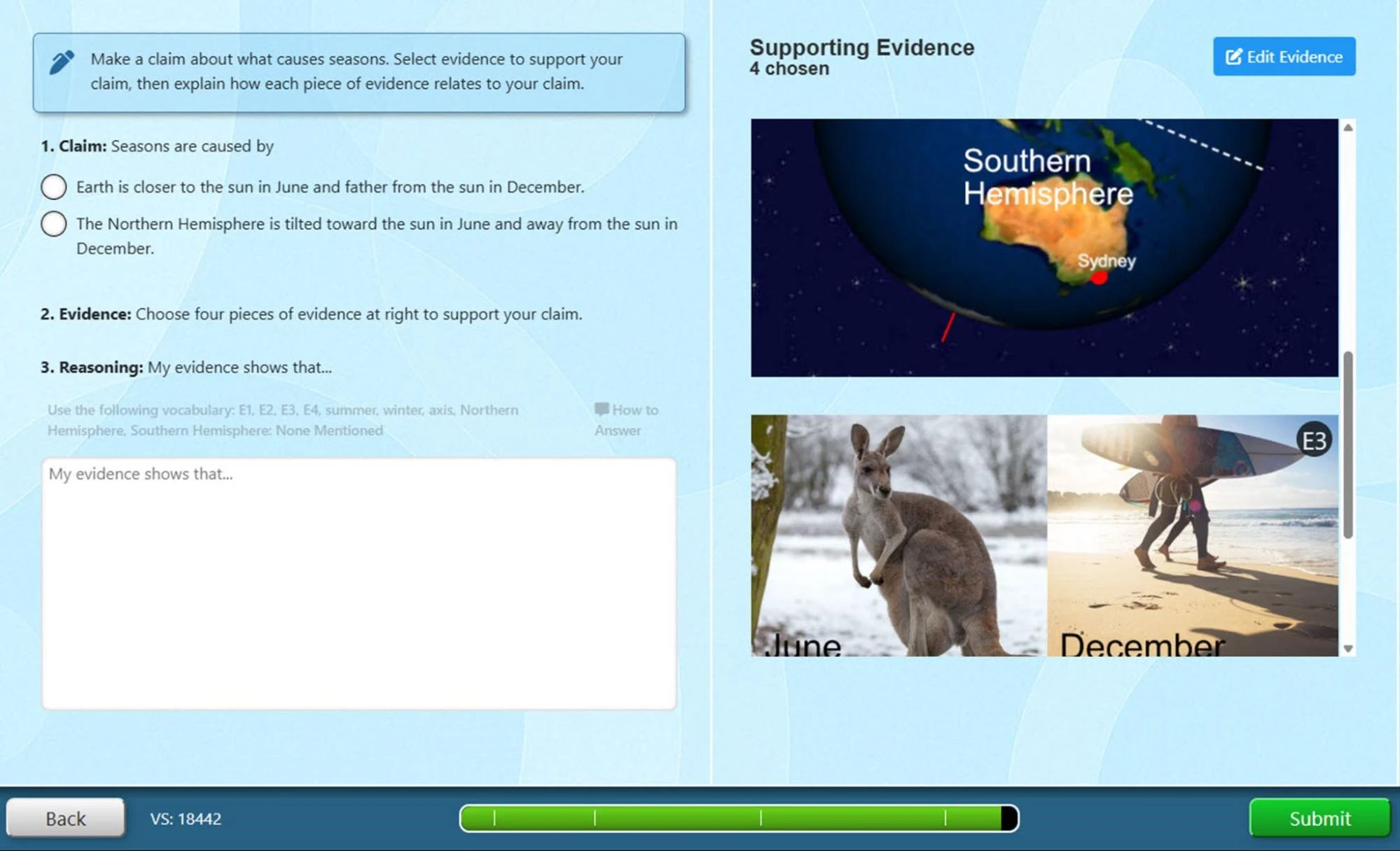 Screenshot of a Gizmo activity asking students to make a claim about what causes seasons. On the left, text prompts students to choose between two claims about seasons and explain their reasoning in a text box. On the right, a “Supporting Evidence” panel shows images, including a diagram of Earth labeled “Southern Hemisphere” with Sydney marked, and photos comparing June and December in Australia, illustrating opposite seasons between hemispheres.
