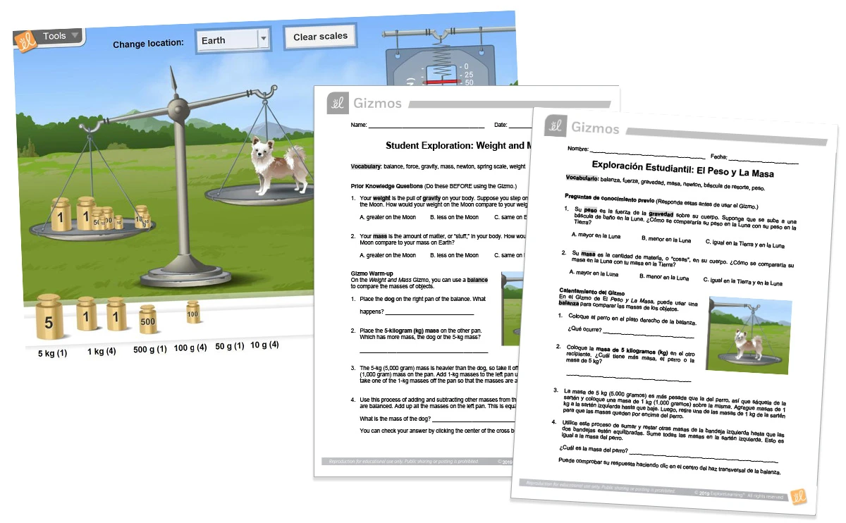 Weight and Mass Gizmo with Student Exploration Sheet in English or Spanish