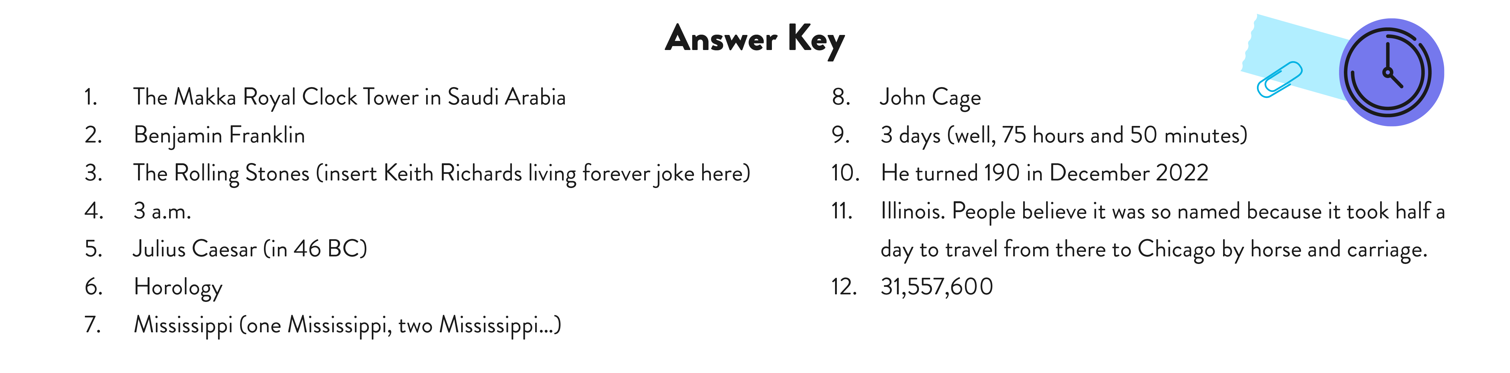 Answers: 1. The Makka Royal Clock Tower in Saudi Arabia, 2. Benjamin Franklin, 3. The Rolling Stones (insert Keith Richards living forever joke here), 4. 3 a.m., 5. Julius Caesar (in 46 BC), 6. Horology, 7. Mississippi (one Mississippi, two Mississippi…), 8. John Cage, 9. 3 days (well, 75 hours and 50 minutes), 10. He turned 190 in December 2022, 11. Illinois. People believe it was so named because it took half a day to travel from there to Chicago by horse and carriage. 12. 31,557,600 