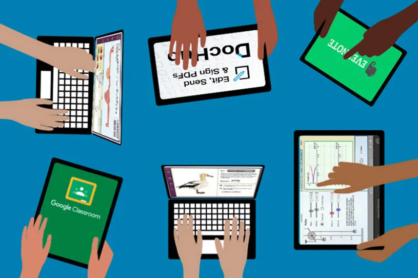 Image of hands on different types of technology,...