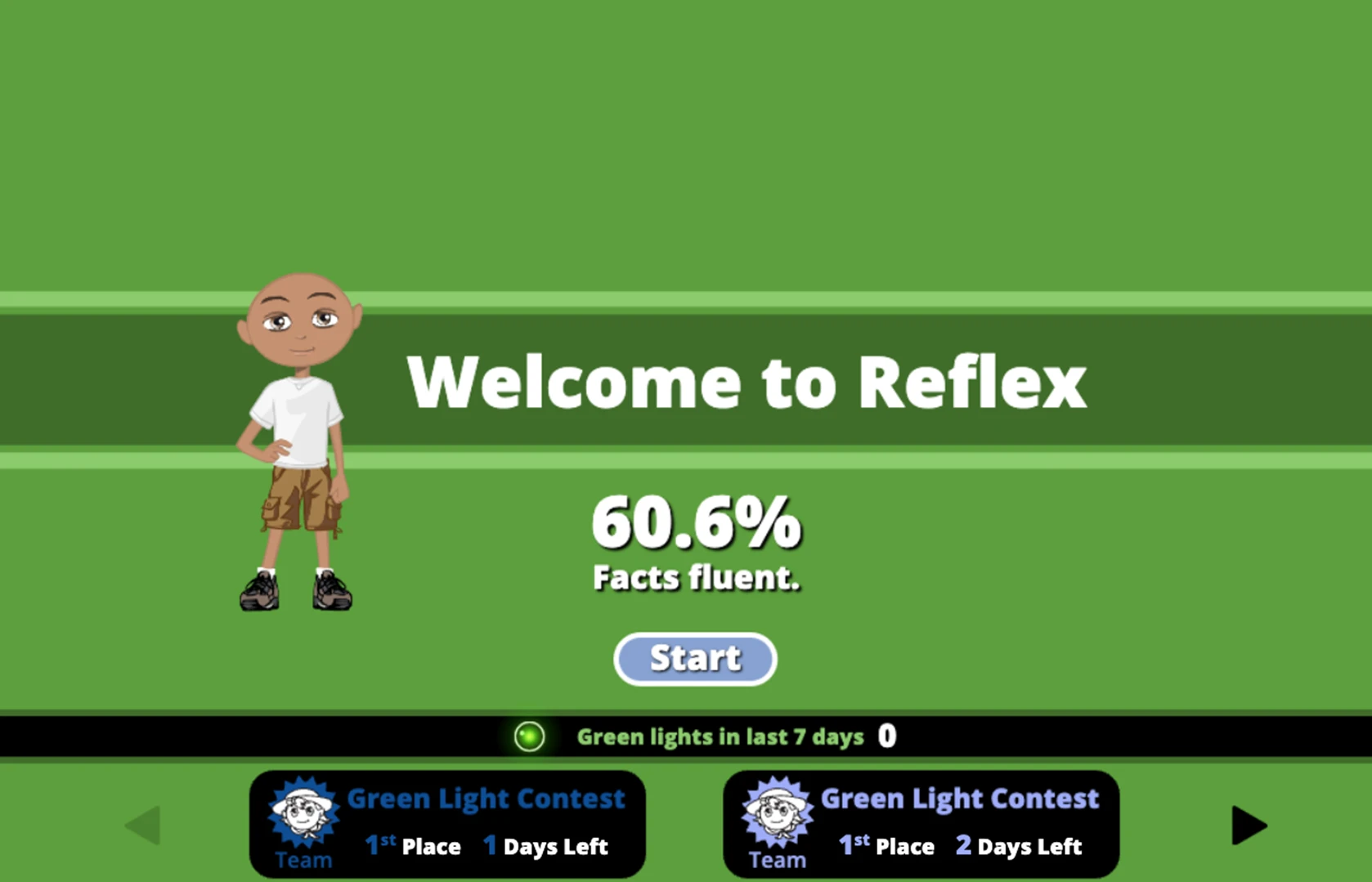 Reflex welcome screen showing a student avatar on a green background with the text 'Welcome to Reflex' and '60.6% Facts fluent,' a Start button, and Green Light contest status indicators.